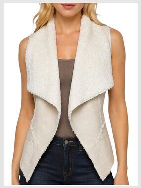 BlankNYC Faux Leather Shearling Vest Ivory Waterfall Open Front S